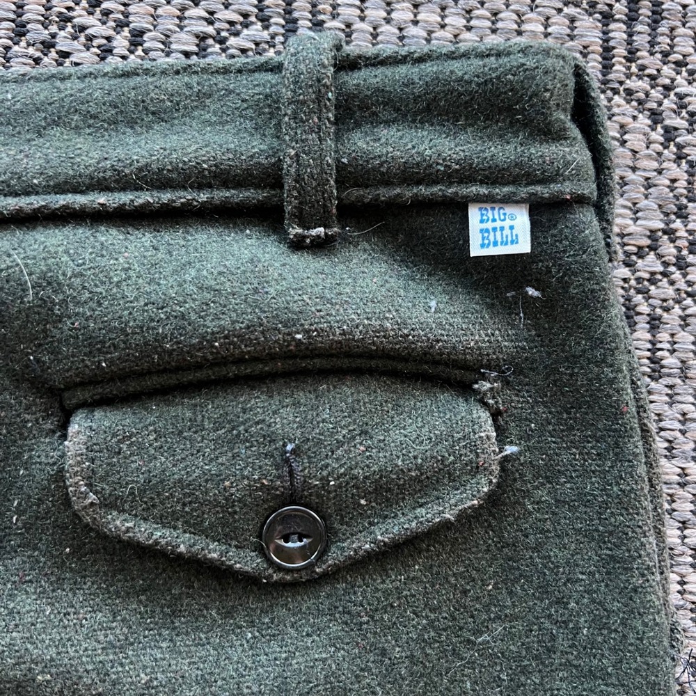 Vintage Big Bill Pants Mens 31x28 Forest Green Wool Hunting 1970s Zipper Cuff - Picture 3 of 7